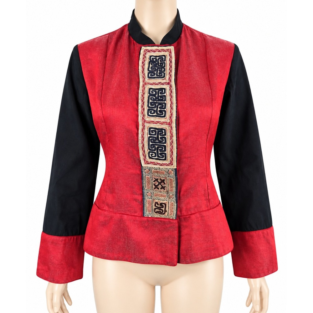 Minh Hanh Embroidered Red Black Asian Style Shirt Blouse Size M